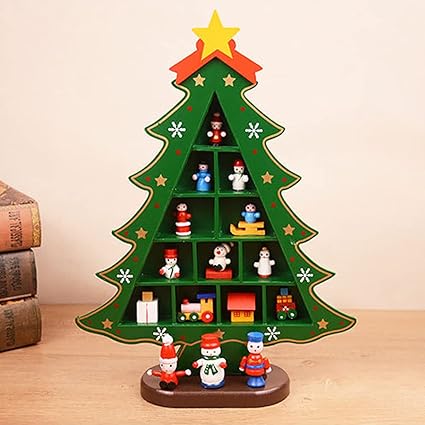 Wooden Christmas Tree Shadow Box with Mini Figurines