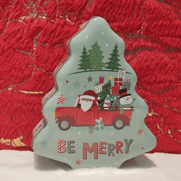 Cheerful Christmas tree shaped gift tin.