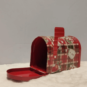 Festive Red Plaid Metal Gift Box with Snowman & Holiday Design