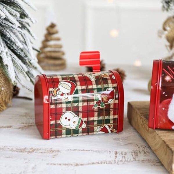 1760691378_61L4yeJJecL._AC_SX466_-1.jpg Festive Red Plaid Metal Gift Box with Snowman & Holiday Design