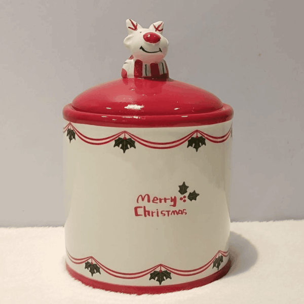 Festive Christmas cookie jar  with reindeer.
