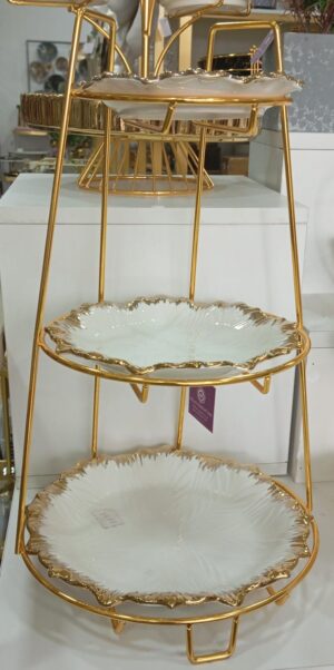 Three-Tier White Ceramic Dessert Stand with Gold Metal Frame