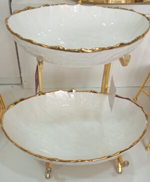 Two-Tier White Ceramic Oval Serving Bowls with Gold Stand