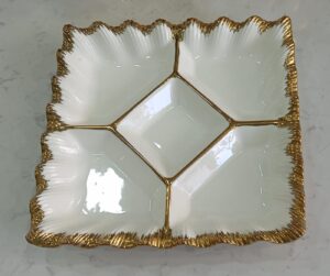 Five-Compartment White Ceramic Serving Platter with Gold Accents