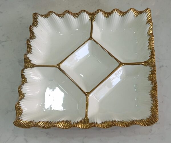 Five-Compartment White Ceramic Serving Platter with Gold Accents