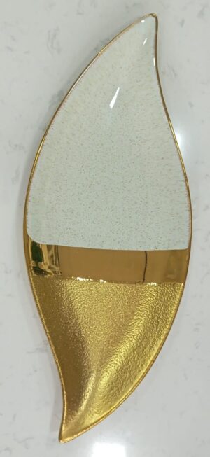 Leaf-Shaped Ceramic Serving Dish with White and Textured Gold Finish