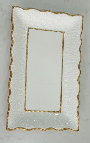 Rectangular Embossed Ceramic Serving Dish with Double Gold Trim