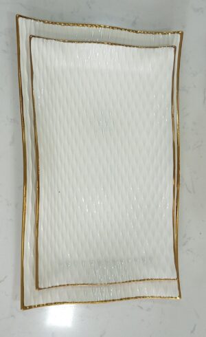 Textured Rectangular Ceramic Serving Dish with Gold Rim