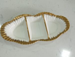 Three-Compartment White Ceramic Serving Dish with Gold Accents