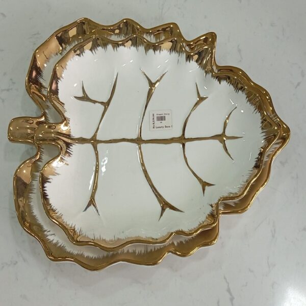 Leaf-Shaped White Ceramic Serving Dish with Gold Vein Detailing