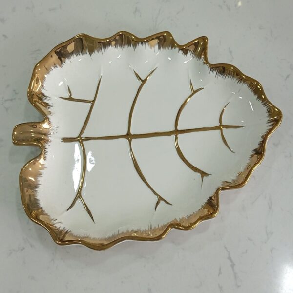 Leaf-Shaped White Ceramic Serving Dish with Gold Vein Detailing