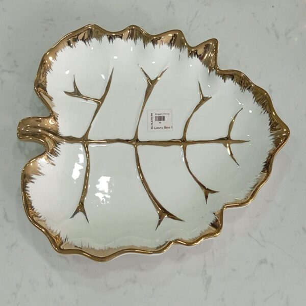 Leaf-Shaped White Ceramic Serving Dish with Gold Vein Detailing
