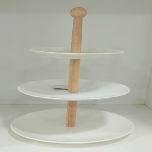 Three-Tier Ceramic Serving Stand with Wooden Handle