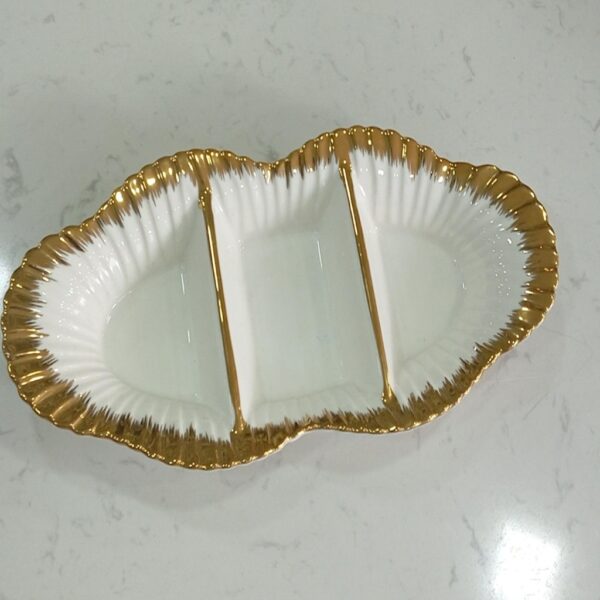Three-Compartment White Ceramic Serving Dish with Gold Accents