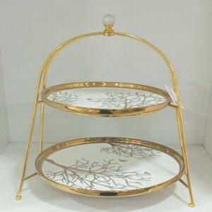 Elegant Two-Tier Ceramic Serving Stand with Gold Frame