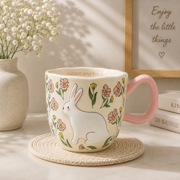 Bunny And Floral Ceramic Mug